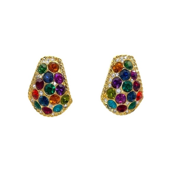 Blanca Vintage 80s Matte Gold Multicolor Rhinestone Statement Clip On Earrings - Picture 1 of 13